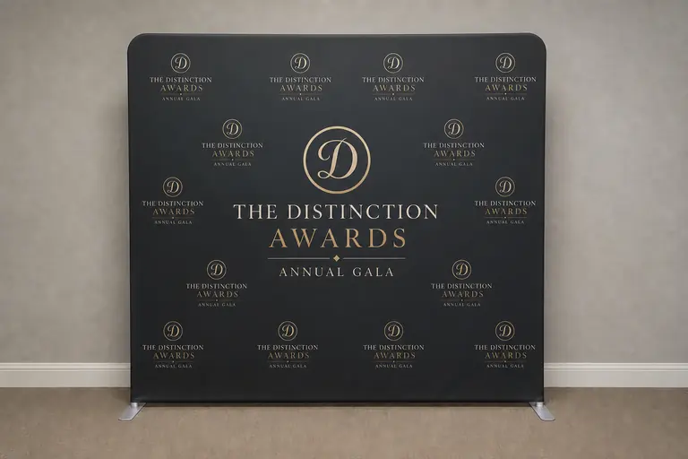 Sample Distinction Awards gala backdrop concept with soft-black and champagne-gold branding
