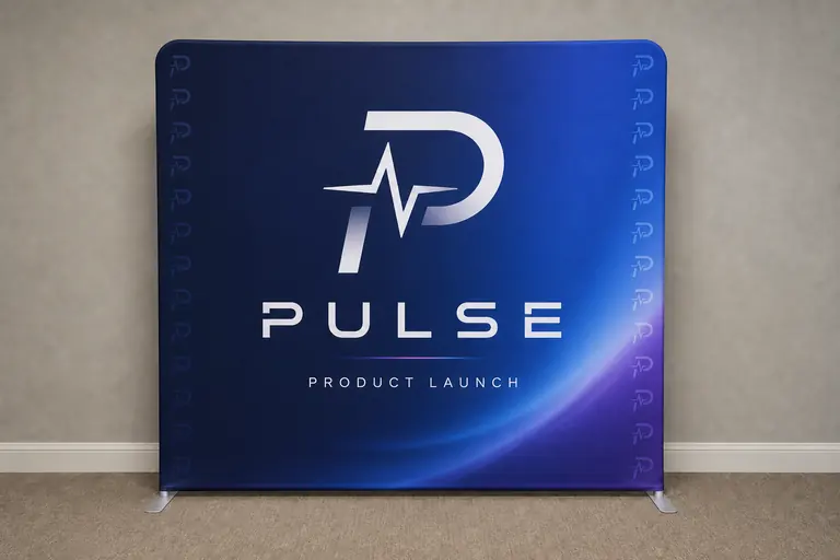 Sample Pulse product launch backdrop concept with a cobalt campaign design and repeated logo marks