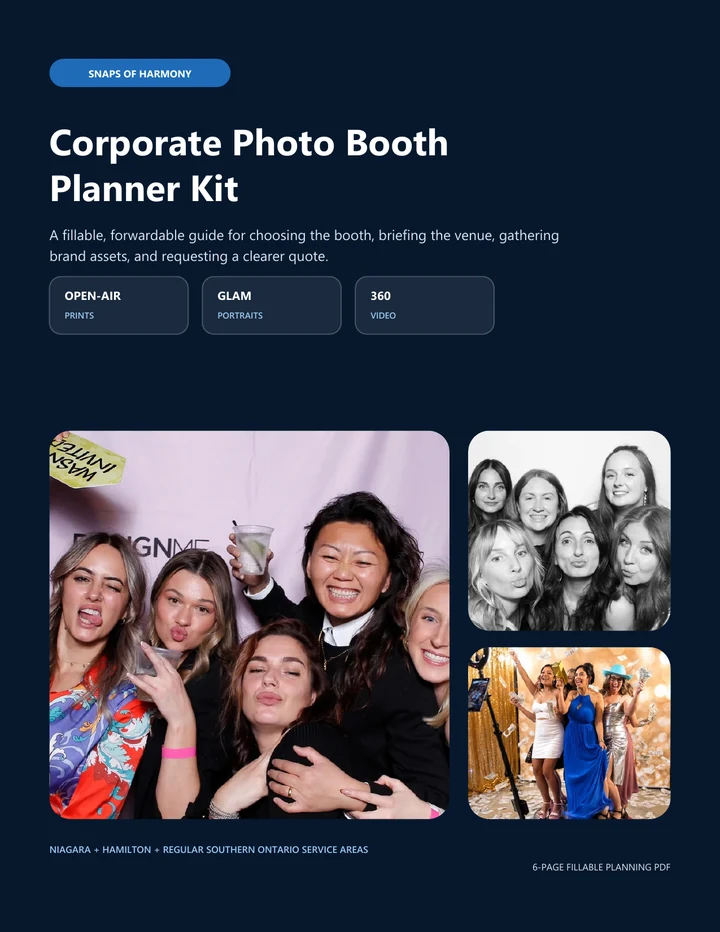 Cover of the Corporate Photo Booth Planner Kit with Open-Air, Glam, and 360 event photos