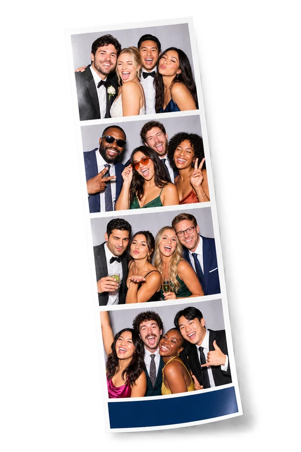 Illustrative 2 by 6 photo booth strip mockup with four stacked guest portraits