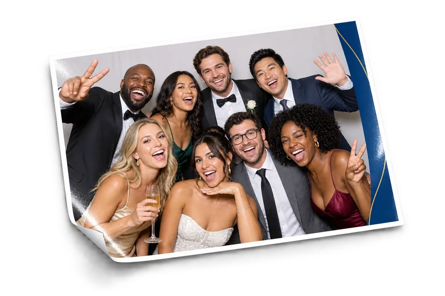 Illustrative 4 by 6 photo booth print mockup with a group portrait
