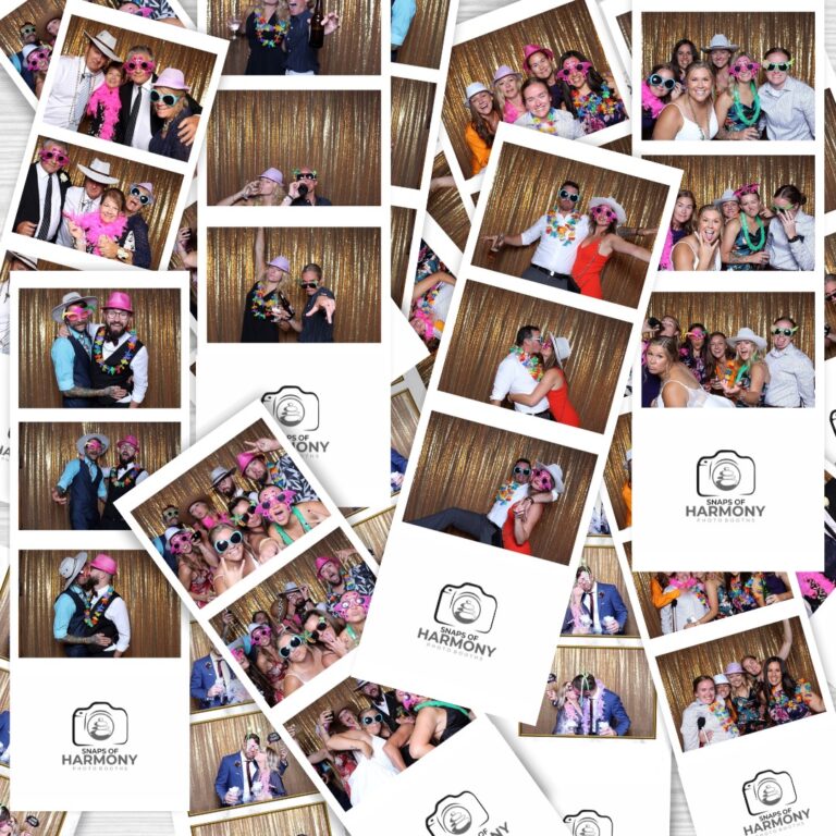 Collage of real Snaps of Harmony 2 by 6 photo strips and 4 by 6 event prints